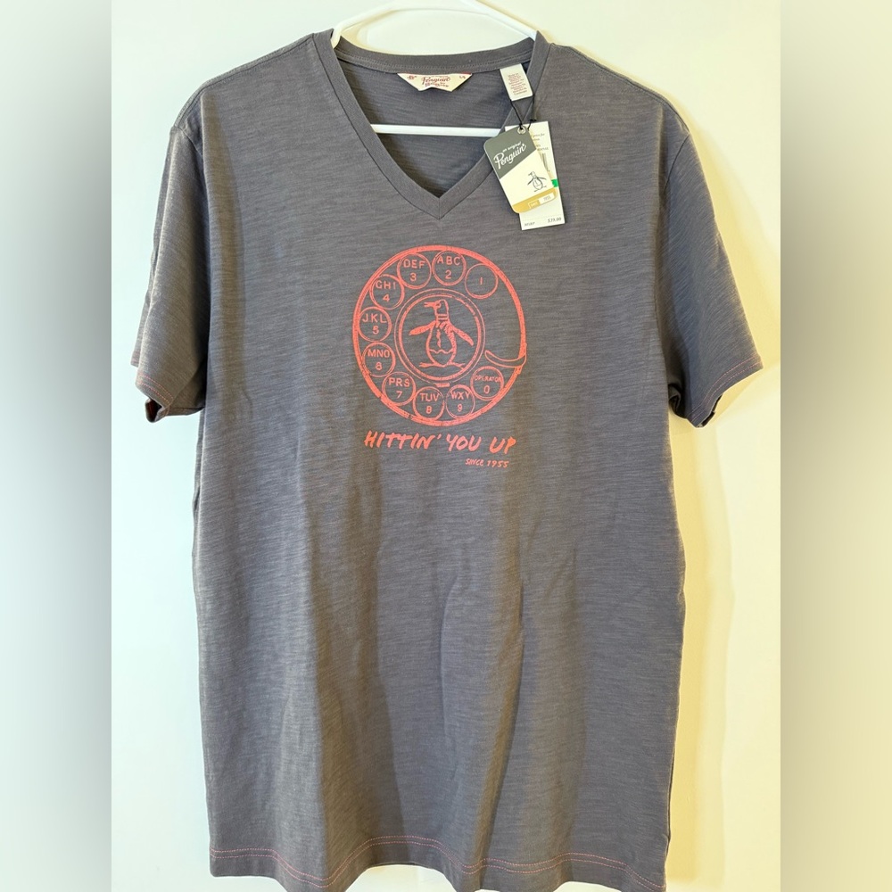 Gray V-Neck T-Shirt with Red Graphic
